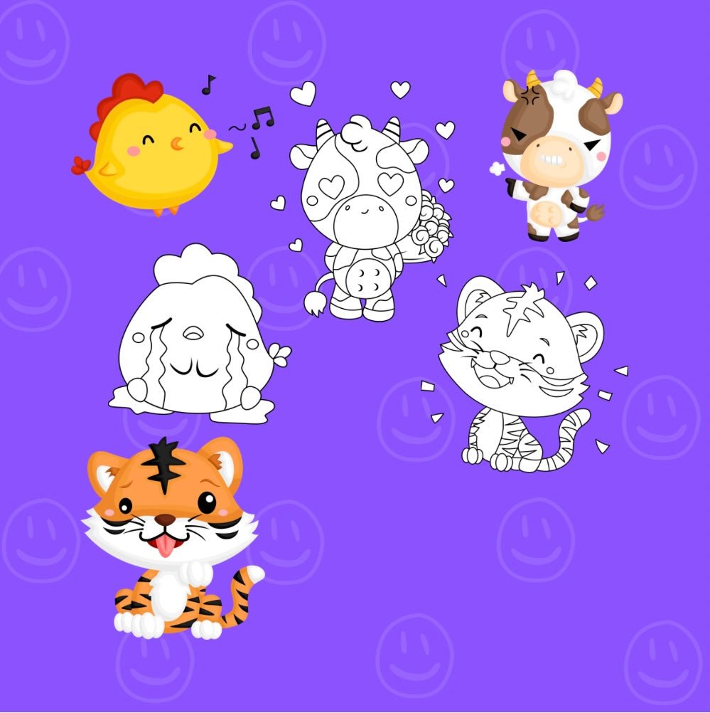 Mini Coloring Book BABY ANIMAL EMOTIONS Cows, Tigers & Chickens (Volume 2) - Mini Muffin Bookstore